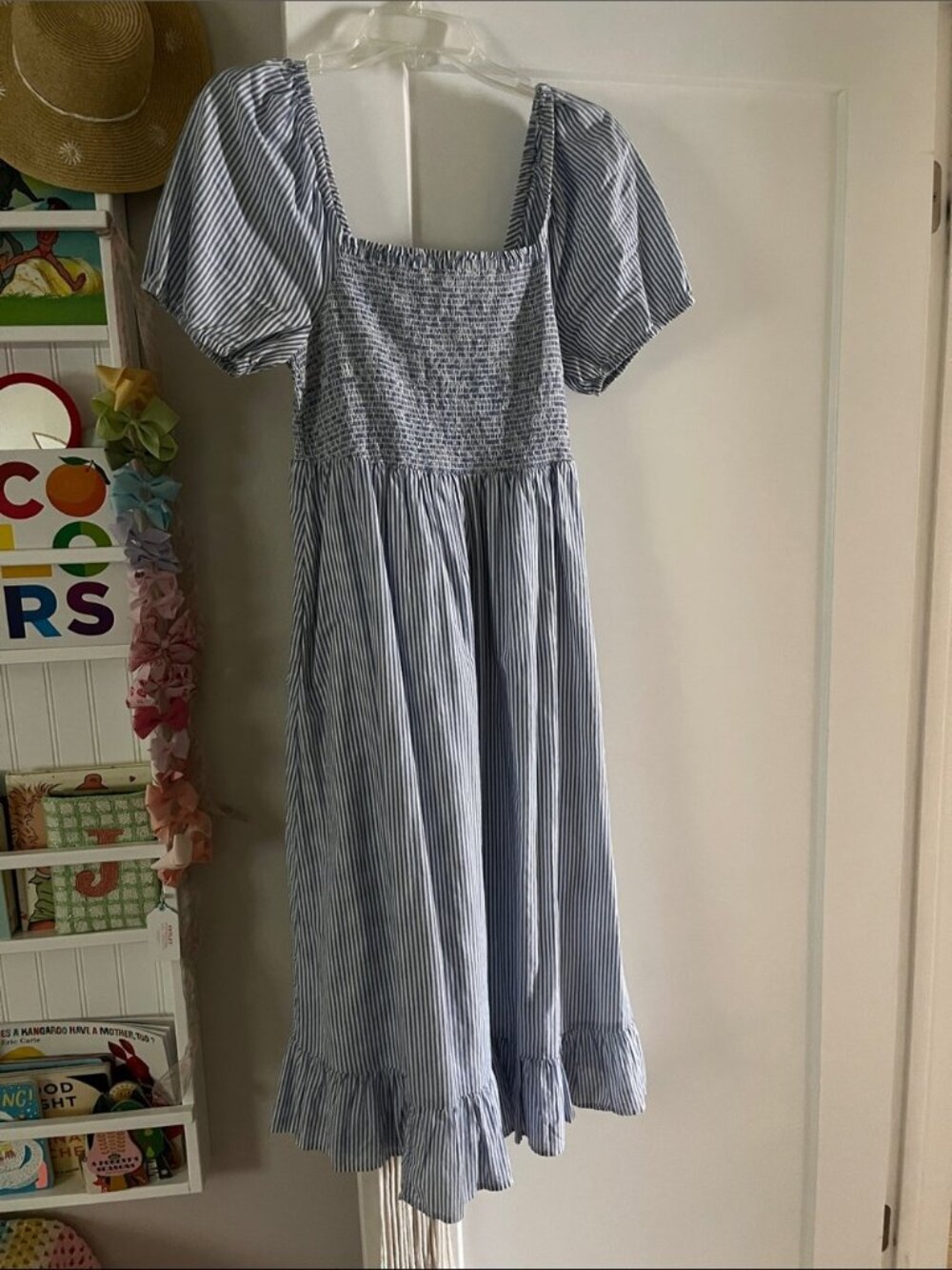 J. Crew Blue Striped Smocked Puff Sleeves Milkmaid Midi Dress Size Small